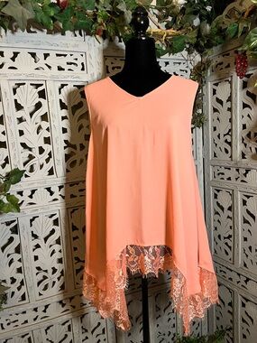 CATO EST.1946 PERFECT PEACHY ORANGE TANK STYLE CHIFFON & LACE SLEEVELESS TOP